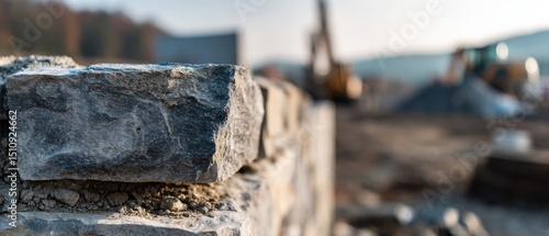 Wallpaper Mural Closeup of a Rough Stone Wall Under Construction Outdoors with Heavy Machinery in the Background on a Sunny Day Concept of Building, Infrastructure, and Development Torontodigital.ca