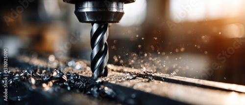 Closeup of industrial drill bit cutting metal with sparks flying in a factory Concept of manufacturing, engineering, and precision