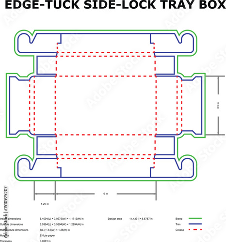 Edge tuck side lock tray box packaging design template line art