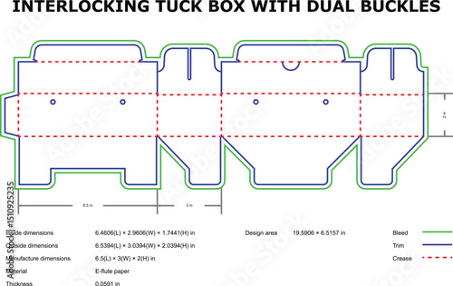 Interlocking tuck box packaging design template dual buckles line art