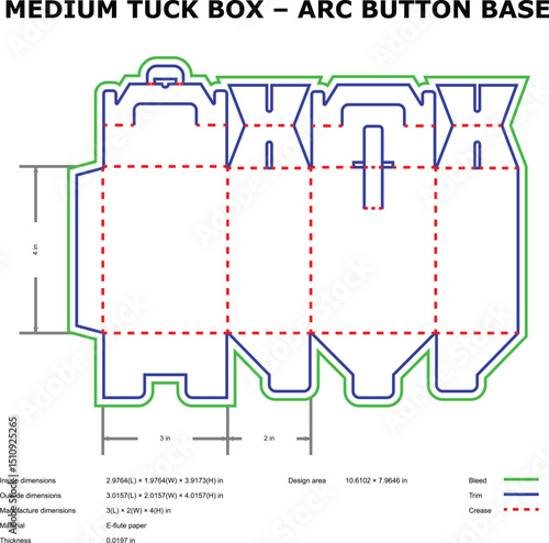Medium tuck box arc button base diagram line art packaging design template