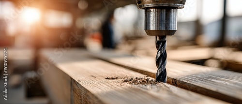 Closeup of a metal drill bit drilling into a wooden plank in a workshop, creating sawdust Concept of carpentry, woodworking, and construction