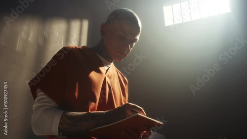 Bald tattooed man in orange prison uniform sitting alone under barred window in sunlit jail room, writing notes or drawing sketch in notepad