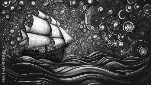 Whirlwind sea composed of spirals and curving lines in black and white, with an antique ship boldly venturing across. Stylized maritime fantasy.
