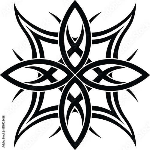 A symmetrical black and white design featuring intersecting curves and sharp pointed extensions