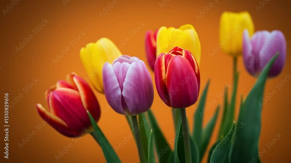 Close up photograph of a bouquet of tulips with yellow, red, and pink petals against orange background Close up photograph of a bouquet of tulips with yellow, red, and pink petals against orange background