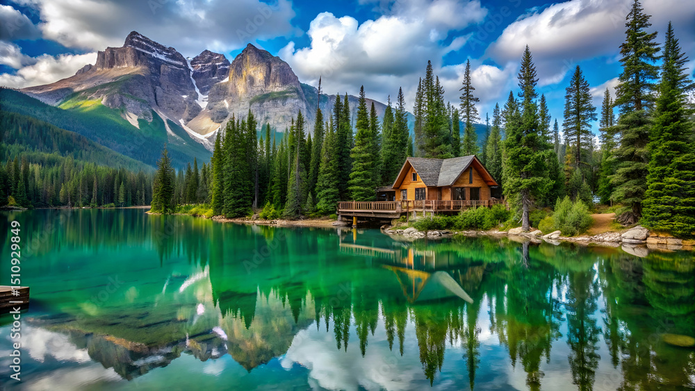 Fototapeta premium Emerald lake lodge surrounded by pine forest in Yoho national park