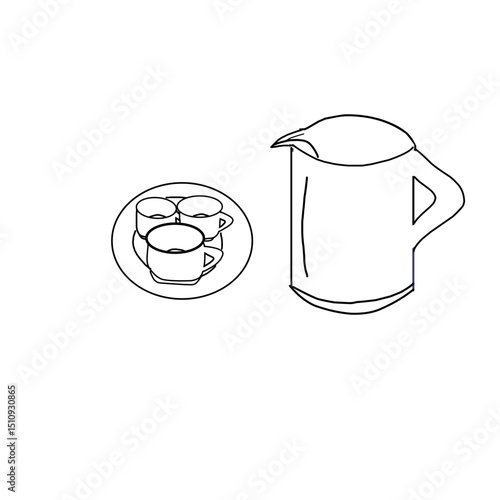 A simple line drawing of a kettle and a plate with three cups