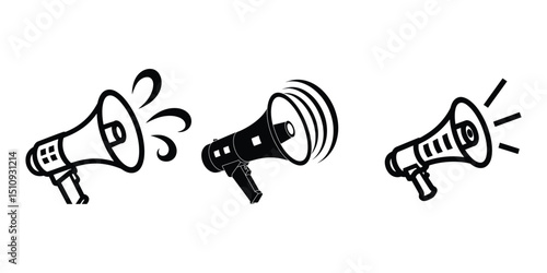 Three Megaphone Icons in Black and White for Announcement or Promotion
