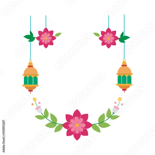 Festive floral frame with lanterns