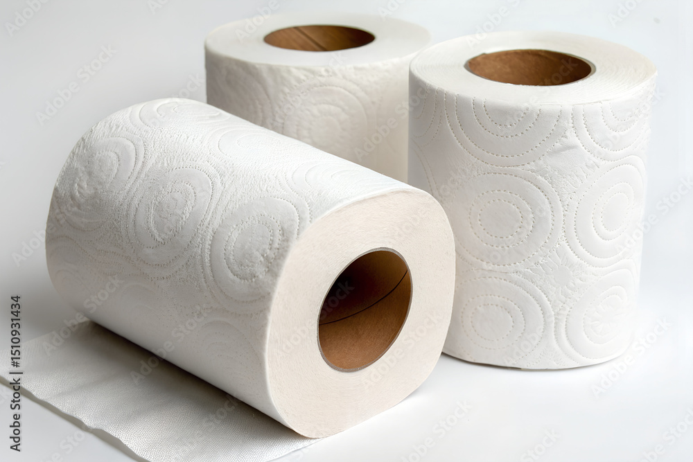 Fototapeta premium Three rolls of white toilet paper soft and absorbent essential for hygiene and household use