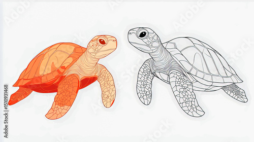 Coloring page with two cute turtle