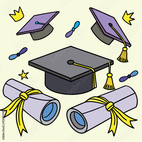 Graduation Illustration Mortarboards and Diplomas Vector Graphic