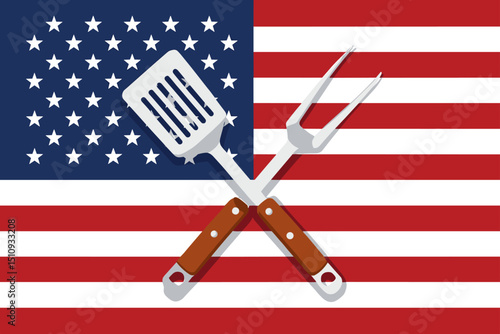 Simple vector of crossed BBQ spatula and fork in X shape with clean lines, minimal detail. Full American flag displayed in the background, symbolizing patriotic grilling.