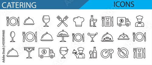 Collection of icons representing catering and restaurant services like meals and chefs.