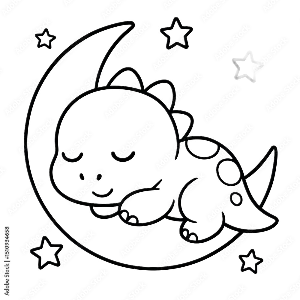 Obraz premium Sweet Dreams of Dino: An adorable dinosaur dreams peacefully on the moon, surrounded by twinkling stars, in this charming and whimsical illustration.
