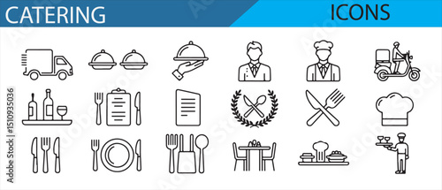 Vector icons for restaurants and catering services, including food, chefs, and delivery.