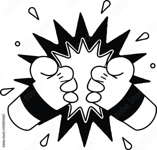 Two fists colliding in a powerful impact graphic illustration in black and white creating a visually striking display of action