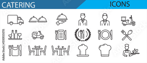 Catering service icons with meal trays, chefs, and event-related symbols.
