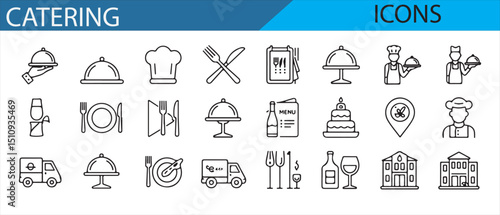 Food service icons featuring chefs, meals, and dining utensils for catering designs.