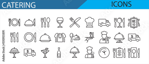 Catering-themed vector icons for food, chefs, menus, and event services.