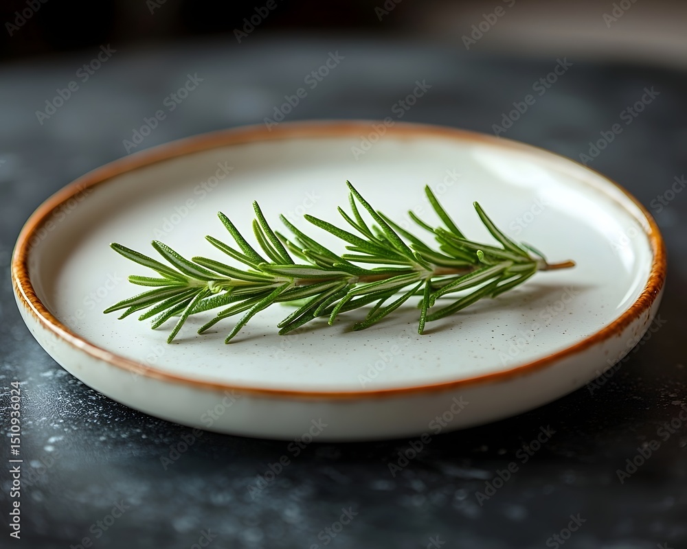 Rosemary sprig on a simple white plate a blank space for Thanksgiving dinner Rosemary sprig on a simple white plate a blank space for Thanksgiving dinner