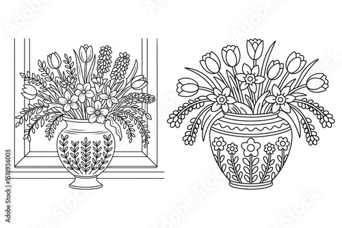 Two flower vases line art illustration isolated on white background