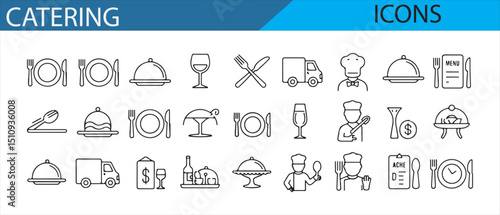 Collection of icons representing catering and restaurant services like meals and chefs.