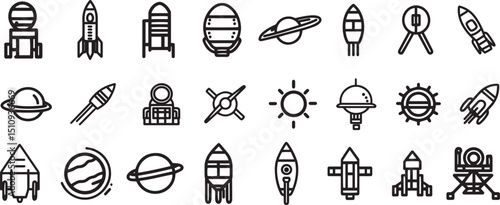 Astronomy and space exploration icon set. Thin line editable stroke icons for astrophysics, planets, rockets, astronauts, solar system, satellites, galaxies and outer space observation science