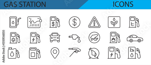 Collection of vector icons for gas stations, featuring fuel pumps, gas prices, and essential signage like warnings, no-fuel symbols, and fueling equipment, perfect for energy and transportation design