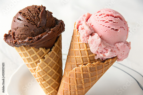 Two ice cream cones one chocolate and one strawberry a sweet treat for a hot day