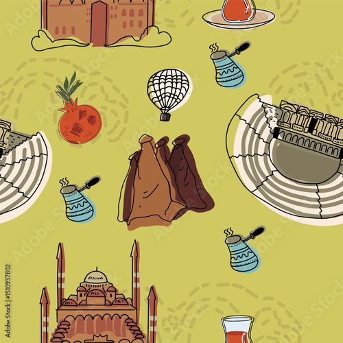 Pattern, background landmarks, symbols of Turkey, hand drawn simple drawing , line art, vector illustration.