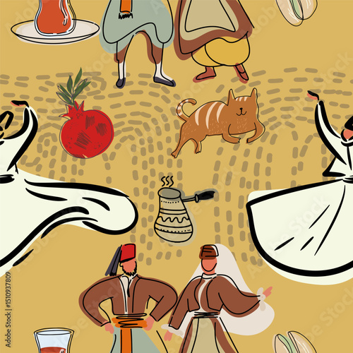 Pattern, background landmarks, symbols of Turkey, hand drawn simple drawing , line art, vector illustration.