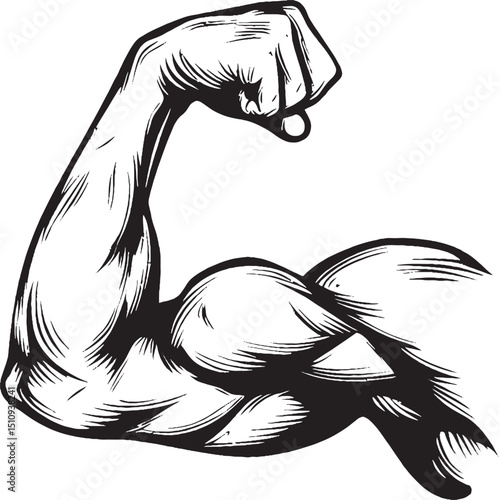 Bodybuilder muscle flex arm vector illustration. Strong macho biceps gym flexing hand vector icon isolated on white background
