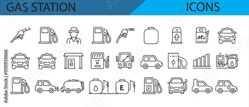 Set of gas station vector icons featuring fuel pumps, pricing, and warnings.