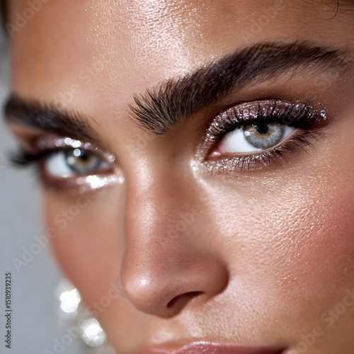 Close-up of a woman's face, featuring highlighted eyes and brows