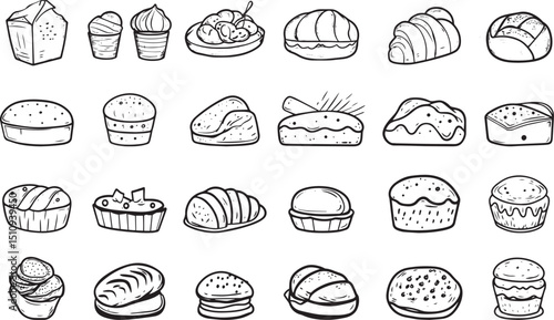 Bakery Icons vector illustration with thin line editable stroke containing bread, biscuit, cookie, cupcake, waffle, baker, pastry, flour, oven, donut, croissant, baguette, pie, pancake, breakfast