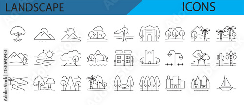 Vector icons depicting various landscapes from natural parks to cityscapes.