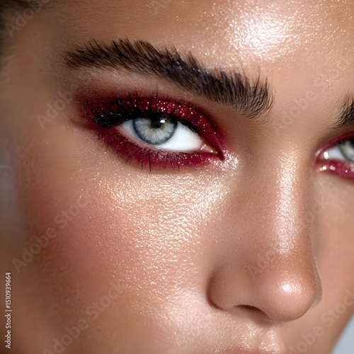 Close-up of a woman's face with dramatic burgundy eye makeup