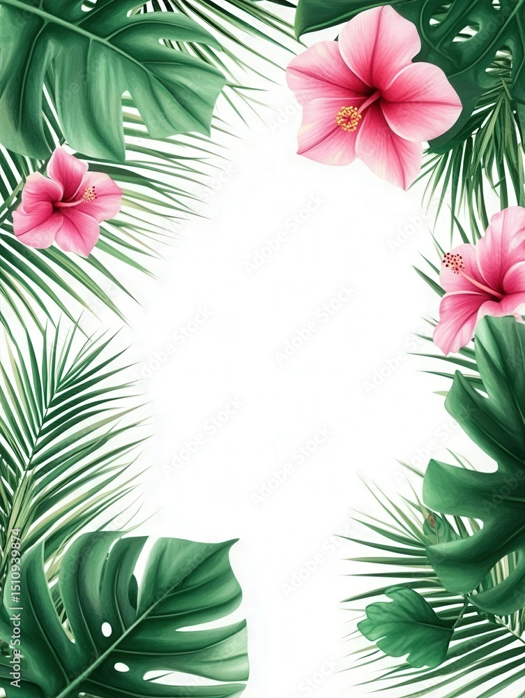 Tropical flora with hibiscus on a white canvas art Tropical flora with hibiscus on a white canvas art