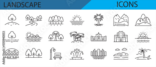 Nature and cityscape vector icons for landscape design and travel projects.