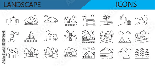 Vector icons for landscape design with trees, water, and scenic views.