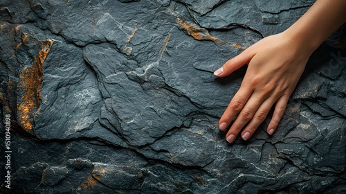 A hand gently resting on a textured rock surface