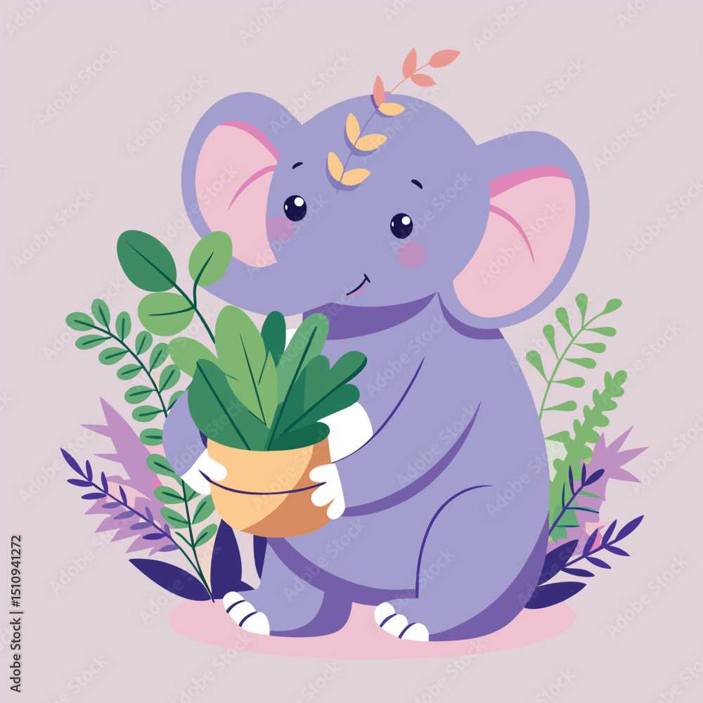 Elephant mascot nurturing delicate plants in a colorful garden setting with vibrant foliage and a joyful demeanor Elephant mascot nurturing delicate plants in a colorful garden setting with vibrant foliage and a joyful demeanor