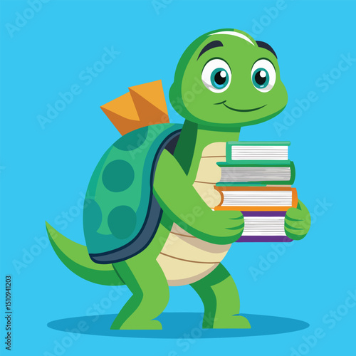 Cheerful turtle mascot lifts a stack of colorful books on its shell against a bright blue background, promoting reading and education in a friendly manner
