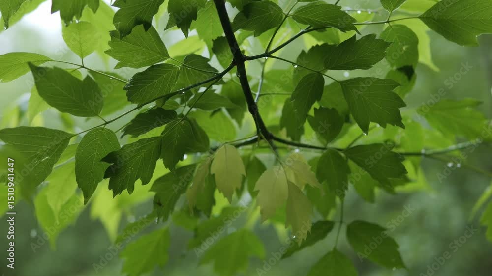 Drops of water drip down the green leaves on the branches of the tree. Rain in the forest. Wet leaves on trees and bushes in bad weather. Drops of water drip down the green leaves on the branches of the tree. Rain in the forest. Wet leaves on trees and bushes in bad weather.