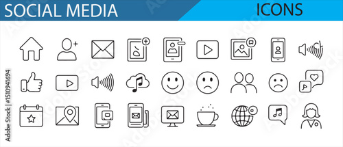 Collection of hand-drawn vector icons related to social media, including phone, messaging, video call, like, chat, notification, and social interactions, perfect for digital communication and social p