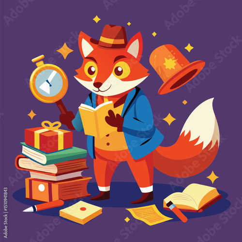 Fox mascot explores the world of books using a magnifying glass to discover hidden treasures among stacks of colorful literature