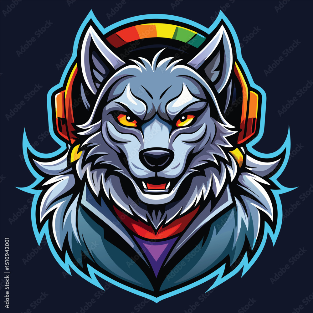 Fototapeta premium Wolf mascot featuring vibrant RGB lighting effects in a gaming theme, showcasing vivid colors and character design for an engaging visual experience