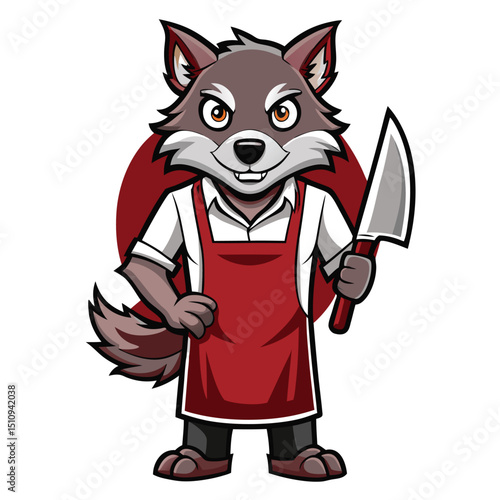 Wolf mascot dressed as a butcher holding a cleaver, ready for an artful food display in a creative culinary setting